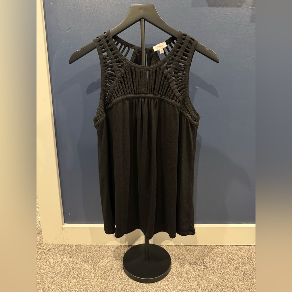 Pixley Black Ruched Tank Top with Braided Neckline